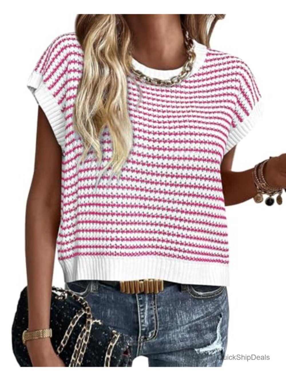 Striped Cap Sleeve Knit Sweater Vest for Women Layering Top